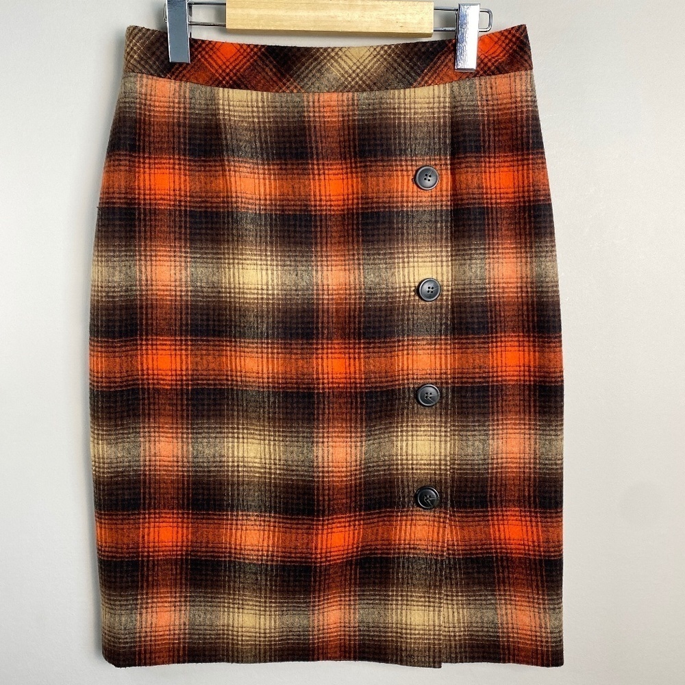 Classiques Entier Women's Orange/Brown Plaid Wool Pull On Pencil Skirt Size‎ 8
